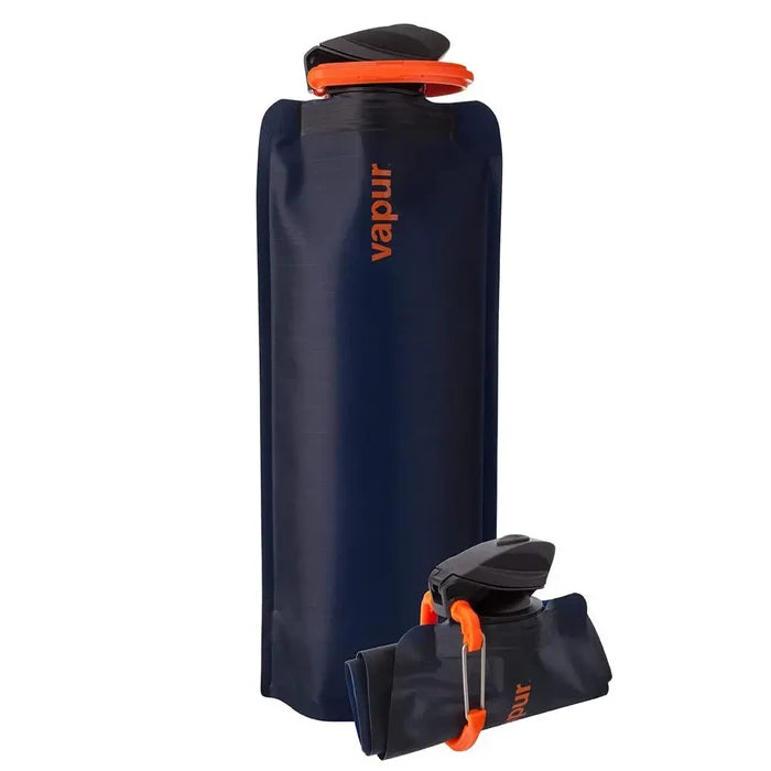 A night blue Vapur Eclipse Anti Bottle with a capacity of 1000ml, featuring a flexible, collapsible design and a built-in carabiner.