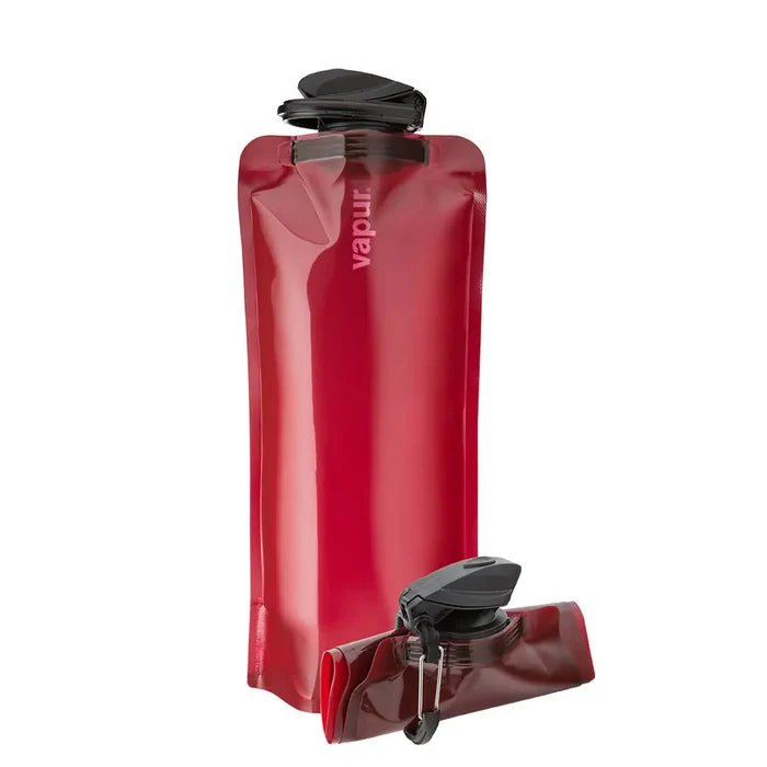 A burgundy Vapur Eclipse Anti Bottle with a capacity of 1000ml, featuring a flexible, collapsible design and a built-in carabiner.