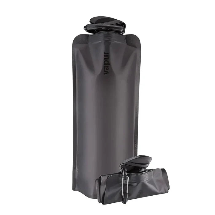 A black Vapur Eclipse Anti Bottle with a capacity of 1000ml, featuring a flexible, collapsible design and a built-in carabiner.