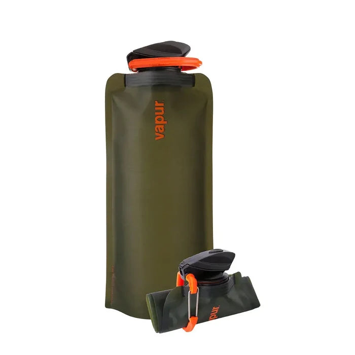 Vapur Eclipse Plastic Anti Bottle in 700ml Olive colour showing it rolled and filled.