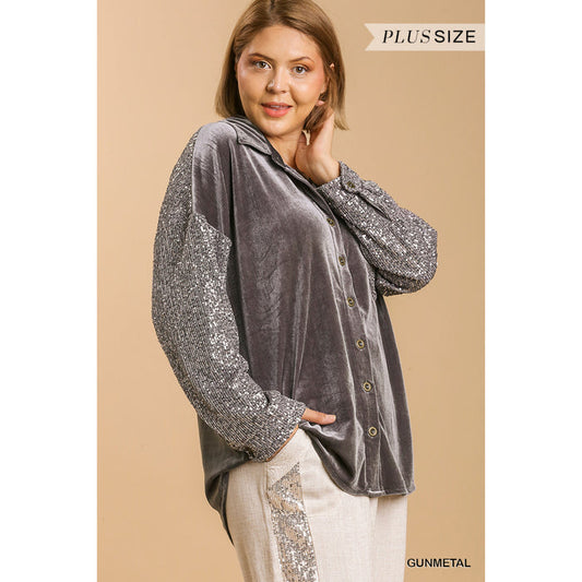 Velvet Collar Button Down Jacket w Sequin Sleeves & Chest Pocket 0333 - Gun Metal