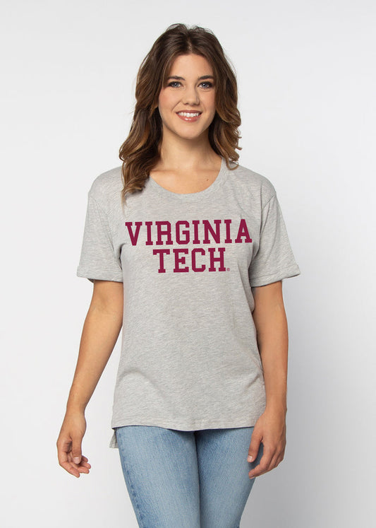 Virginia Tech Hokies Women's Heather-Grey Relaxed Melange light-weight cotton-poly  with Ribbed scoop neck, short rolled sleeves, and a longer back hem for extra coverage.