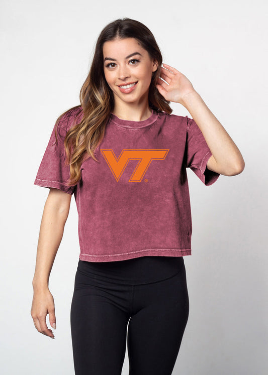 Virginia Tech Hokies Women's Merlot Relaxed, boxy Mineral wash T-Shirt with Crew neck and short sleeves