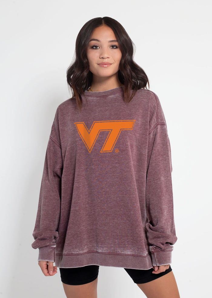 Virginia Tech Hokies Unisex Merlot Oversized Burnout fleece Sweatshirt with Ribbed crew neckline, cuffs, hem, dropped shoulders and relaxed bottom hem
