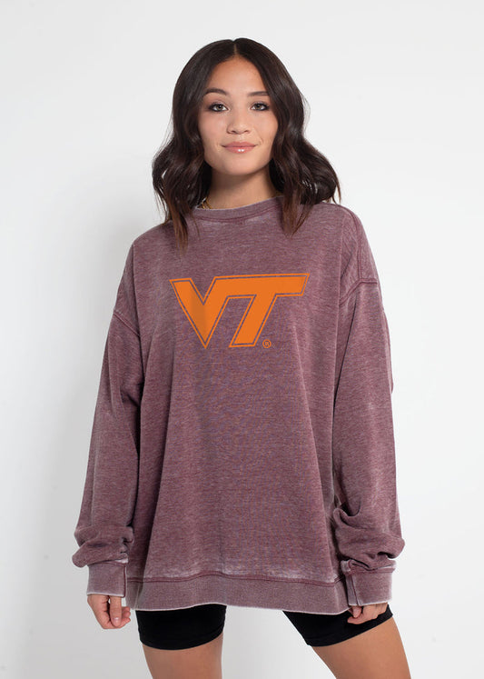 Virginia Tech Hokies Unisex Merlot Oversized Burnout fleece Sweatshirt with Ribbed crew neckline, cuffs, hem, dropped shoulders and relaxed bottom hem