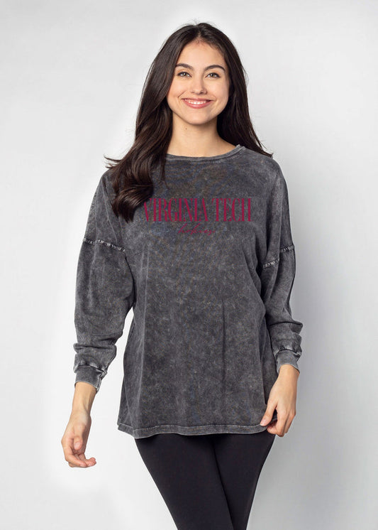 Virginia Tech Hokies Unisex Graphite Oversized, slouchy Mineral wash T-Shirt with Extreme dropped shoulders, oversized sleeves and lived-in look and feel