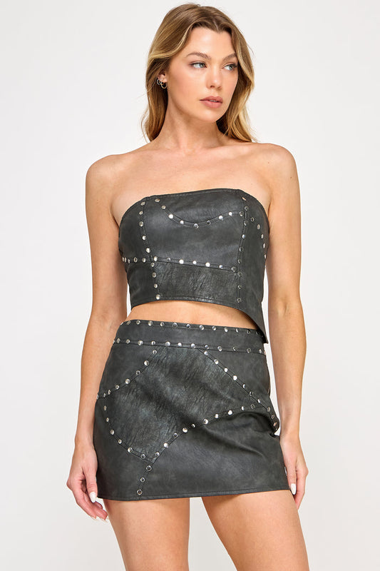 Volt Mini Skirt Set - Leather Patchwork Tube Top