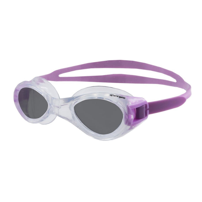 Vorgee Exceed tinted lens goggles with clear and light purple lenses, designed for swimming and water sports.