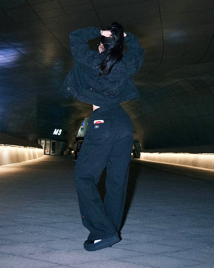 Washed denim trucker pants