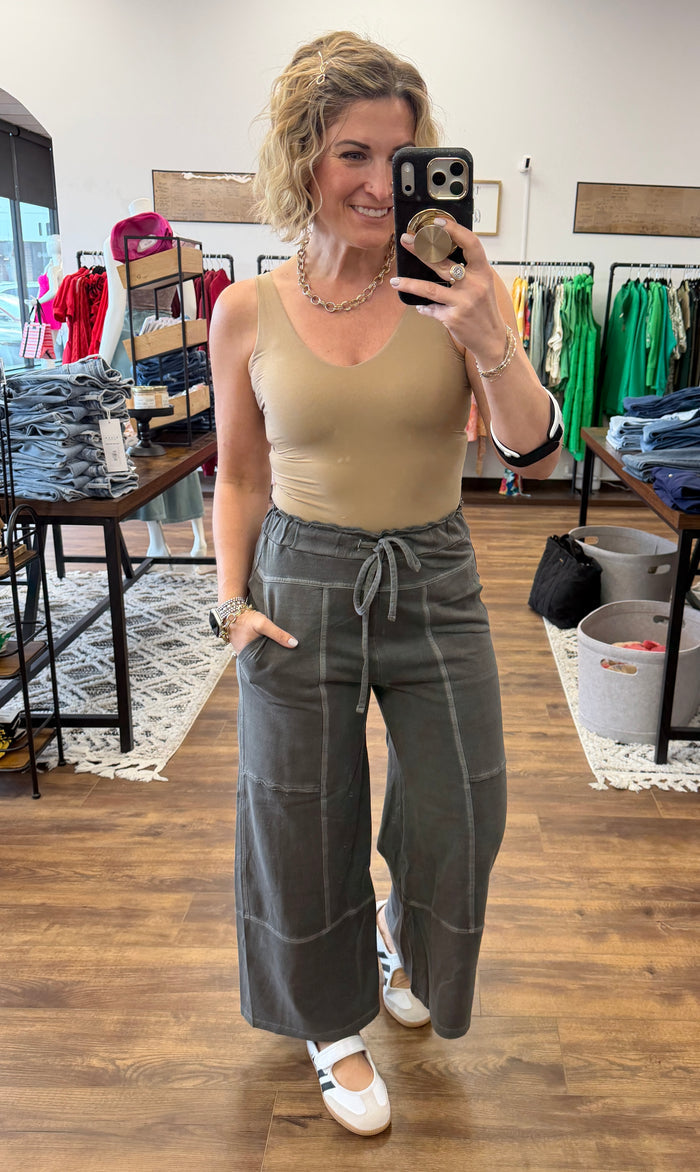 Washed Terry Wide Leg Pants - Vintage Black