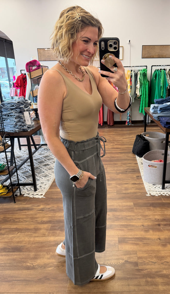 Washed Terry Wide Leg Pants - Vintage Black