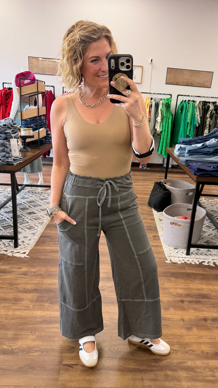 Washed Terry Wide Leg Pants - Vintage Black