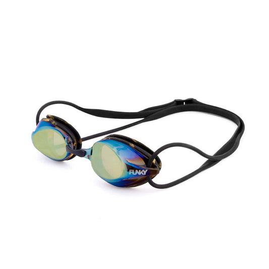 Way Funky Cracked Gold Training Machine mirrored goggles with gold mirror lenses, featuring a cracked gold design for aquatic training.