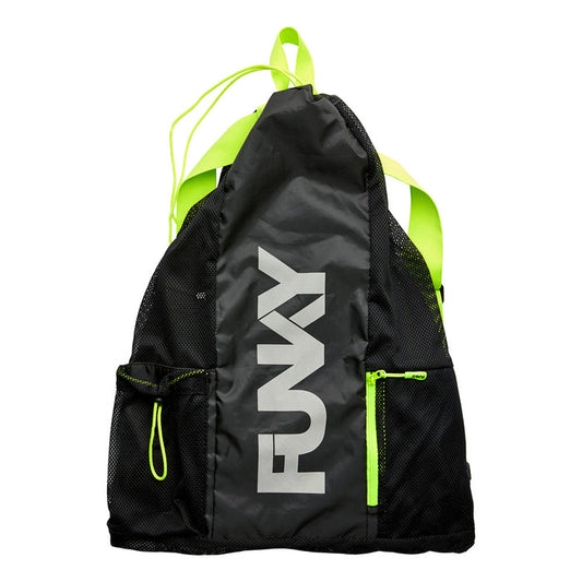 Way Funky mesh backpack in black and yellow, Gear Up Night Lights design, durable mesh bag for sports and daily use.