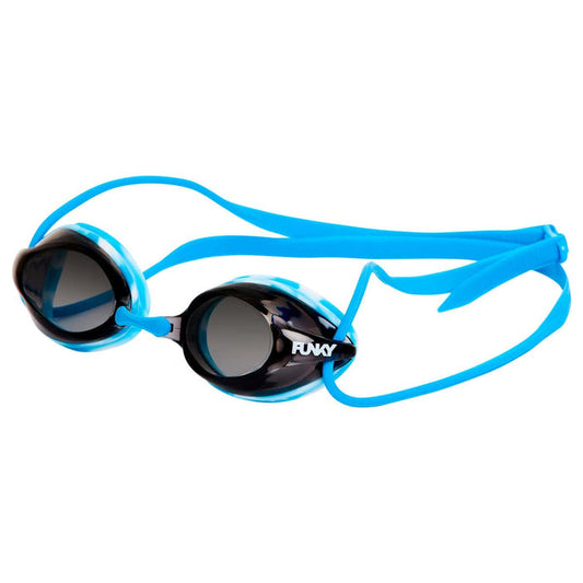 Way Funky Perfect Swell Training Machine Goggles in blue, white, and smoke with adjustable straps and clear lenses for water sports.
