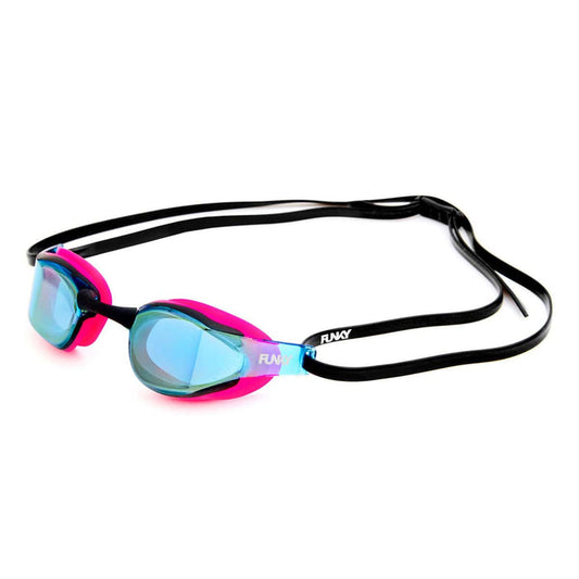 Way Funky Pink Power Blade swimmer goggles with mirrored pink and gold lenses, designed for comfortable swimming and clear vision.