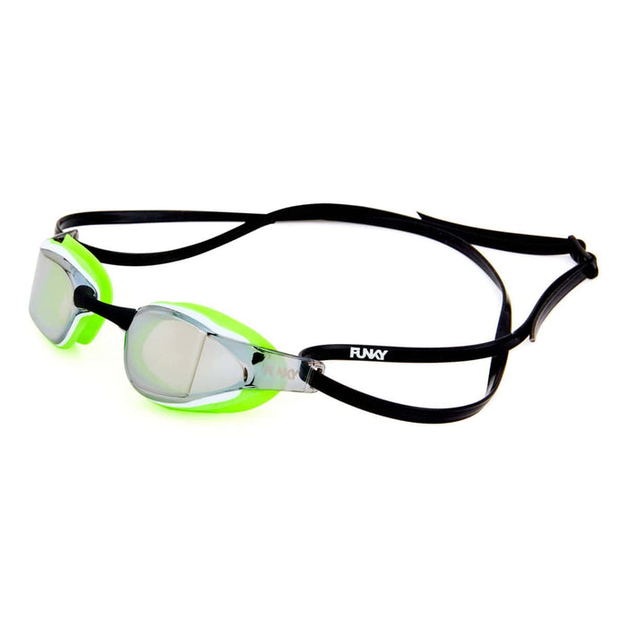 Way Funky Radioactive Blade Swimmer Mirrored Goggles in green with silver mirror lenses, designed for swimming and water sports.