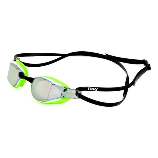 Way Funky Radioactive Blade Swimmer Mirrored Goggles in green with silver mirror lenses, designed for swimming and water sports.