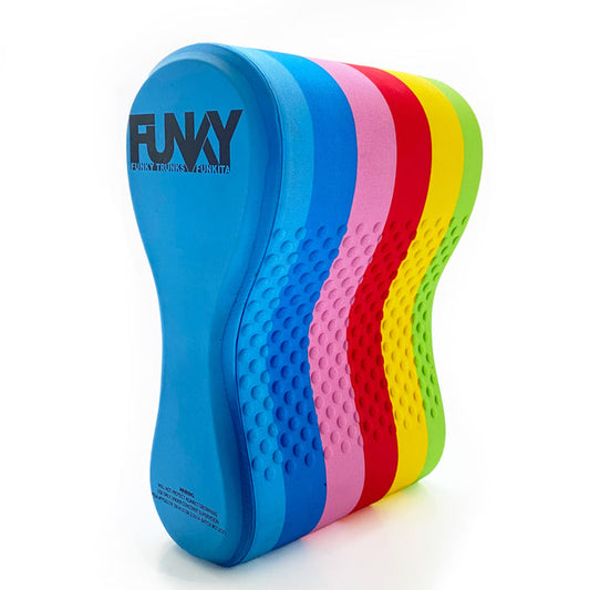 Way Funky Rainbow Racer Elite Squad Pull Buoy for swim training, featuring bright rainbow colors and buoyant foam design.