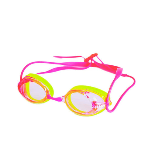 Way Funky Sweetie Tweet Training Machine goggles in lime, pink, and clear with adjustable strap and protective lenses.