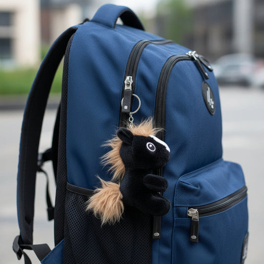 Plush toy horse with a keychain on a blue backpack