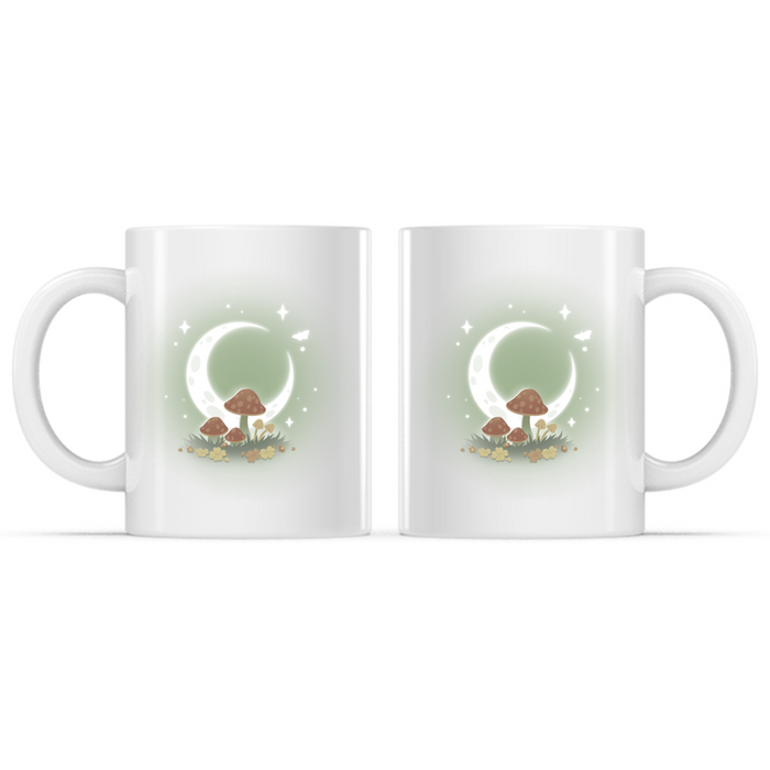 Ceramic Mug_TeeTurtle Wild Mushrooms Mug white mug featuring glowing mushrooms beneath a luminous crescent moon surrounded by wildflowers, twinkling stars, and a fluttering butterfly in a magical nighttime forest scene.