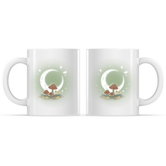 Ceramic Mug_TeeTurtle Wild Mushrooms Mug white mug featuring glowing mushrooms beneath a luminous crescent moon surrounded by wildflowers, twinkling stars, and a fluttering butterfly in a magical nighttime forest scene.