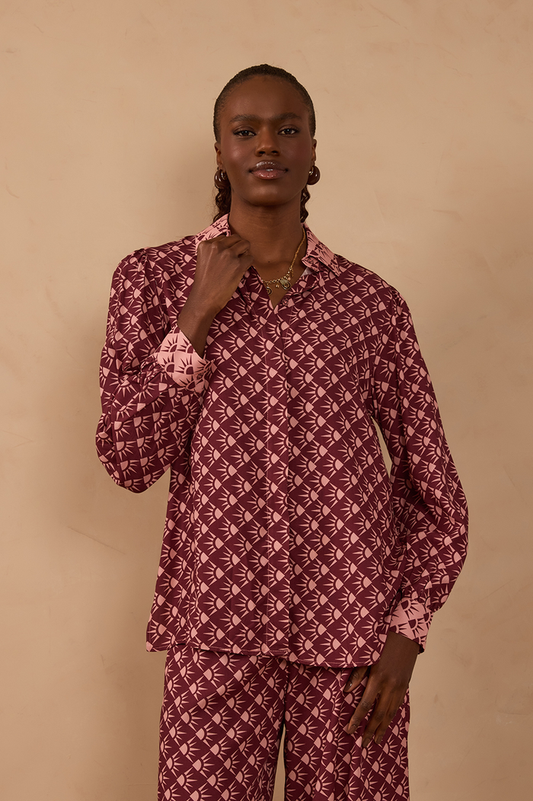 Wine Collared Buttoned Long Sleeve Shirt_1