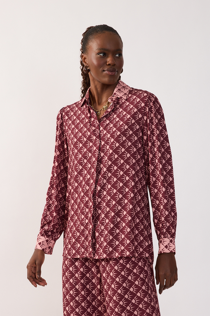 Wine Collared Buttoned Long Sleeve Shirt_2