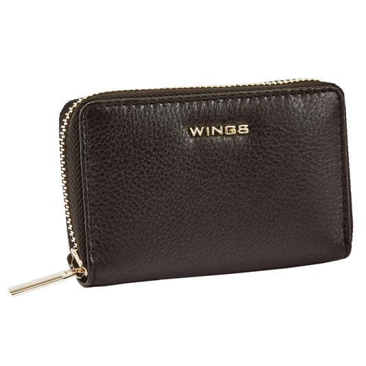 WINGS Mały portfel damski ze skóry naturalnej zapinany na zamek BLACK LEATHER COLLECTION