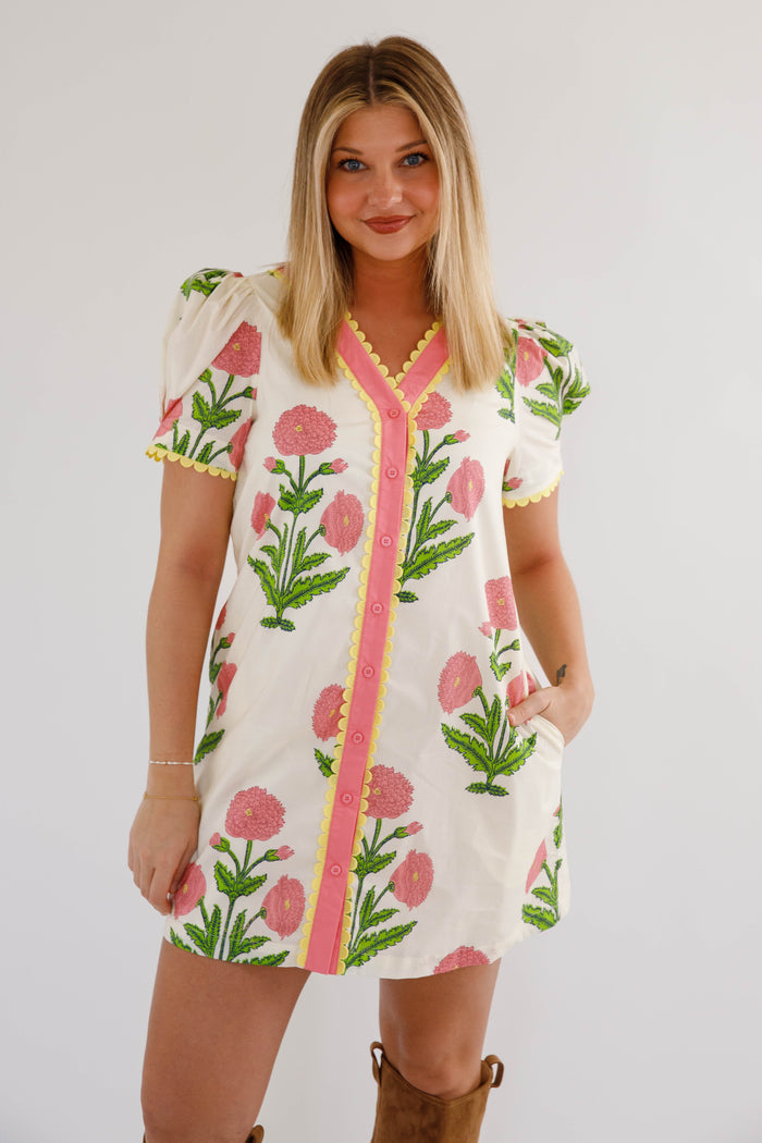 Women's Floral Print Shift Dress- Women's Scallop Trim Dress- Jodifl Dresses