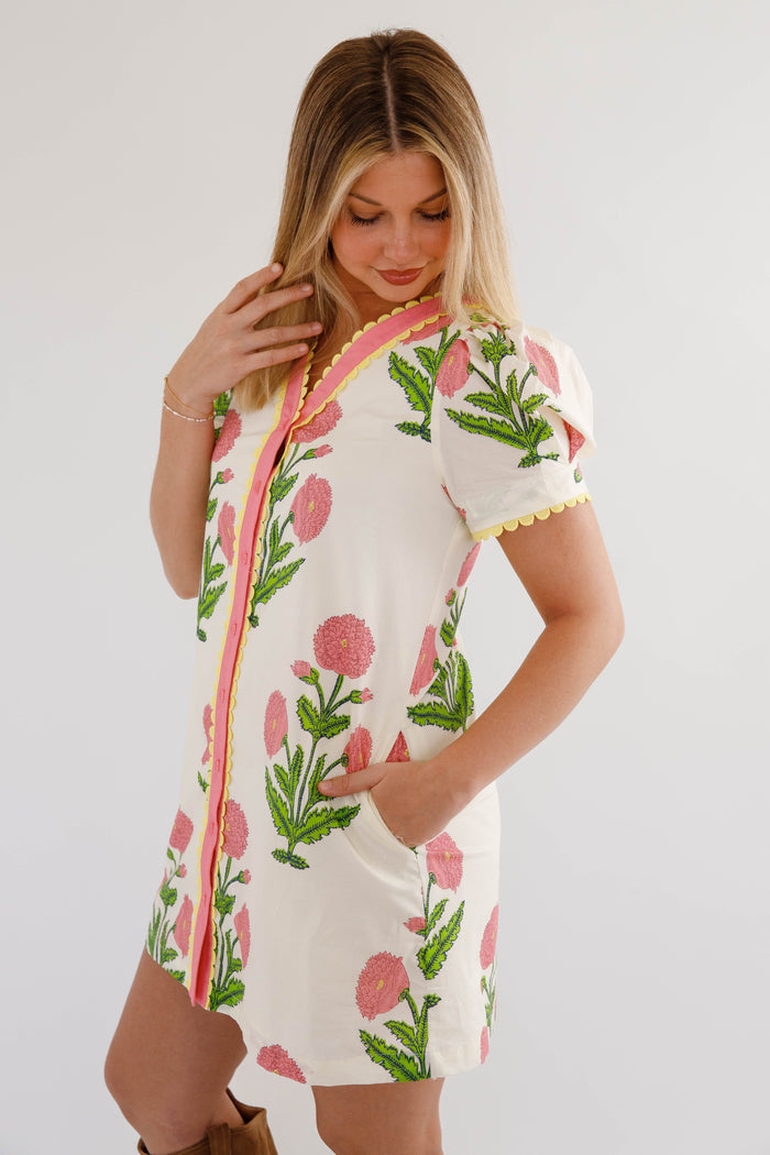 Women's Floral Print Shift Dress- Women's Scallop Trim Dress- Jodifl Dresses