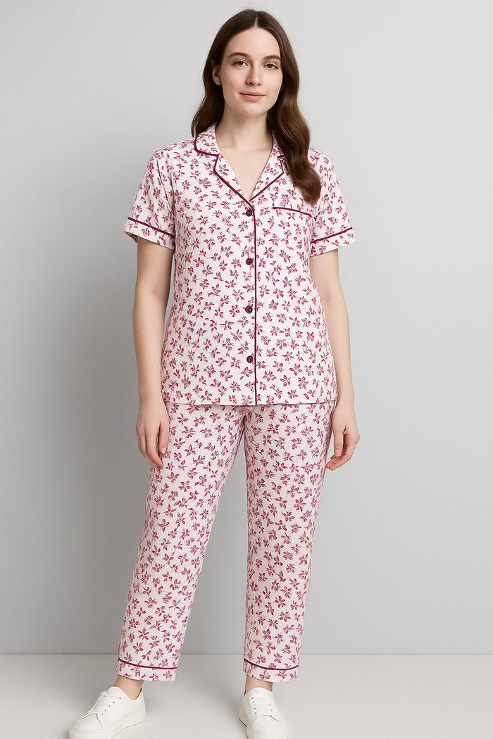 Women Button night suit (off white maroon flower) - Hinz Clothing