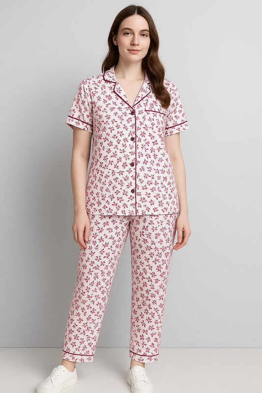 Women Button night suit (off white maroon flower) - Hinz Clothing