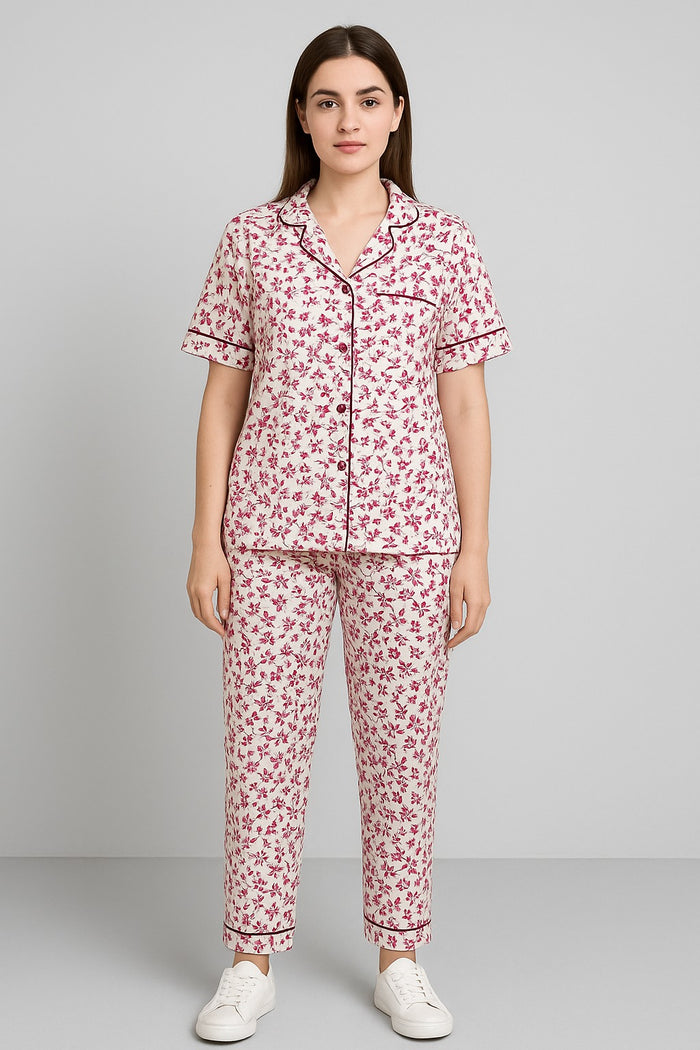 Women Button night suit (off white maroon flower) - Hinz Clothing