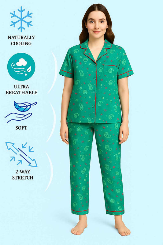 Women Button night suit teal printed - Hinz Clothing