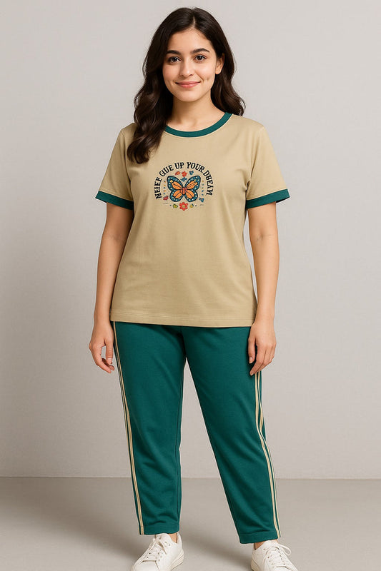 Women T-Shirt and printed trouser (  Teal & beige beautifull print  butterfly) - Hinz Clothing
