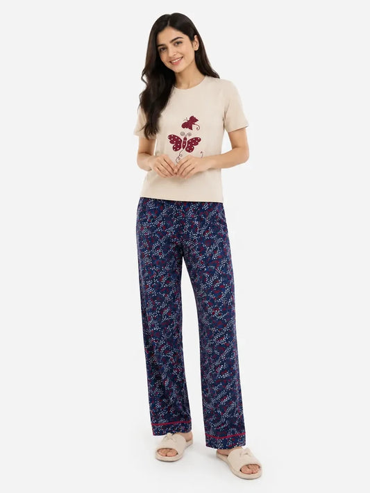 Women's Beige & Navy Jersey Cotton Pajama Set Butterfly