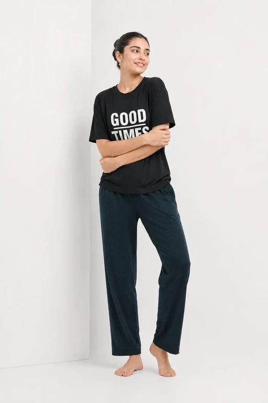 Women's Black Jersey Cotton Good Times Ahead Graphic T-Shirt & Dark Teal Pajama Set - Hinz Clothing