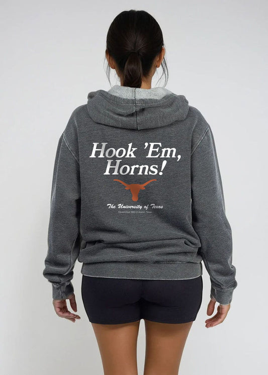 Texas Longhorns Unisex Charcoal Relaxed Burnout fleece Hoodie with Kangaroo pocket, drop shoulders, lived-in look and feel