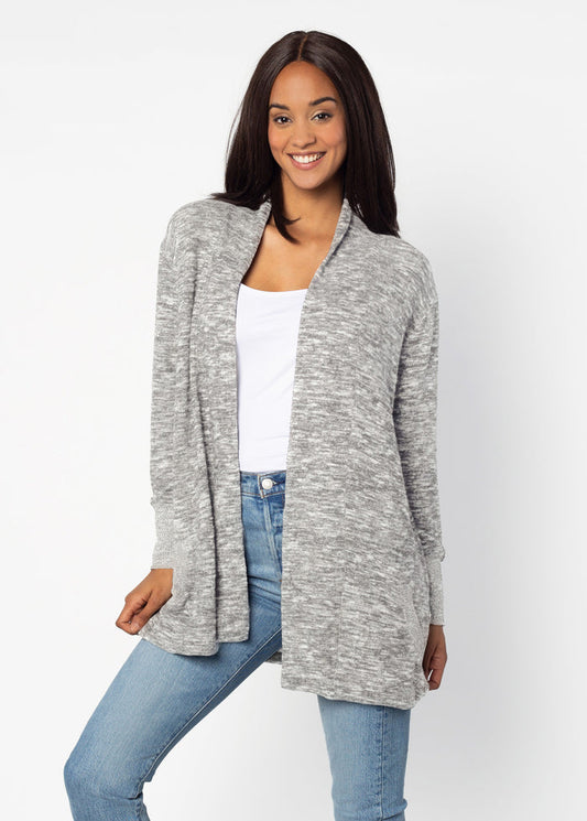 Women's Grey Straight Heathered lightweight fleece Cardigan with Buttery soft hand feel, side pockets and rib at long sleeves cuffs