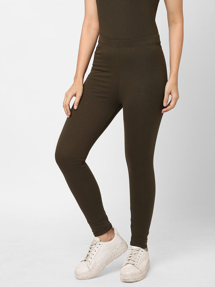 Women's Cotton Elastane Slim Fit Knit Tights Olive