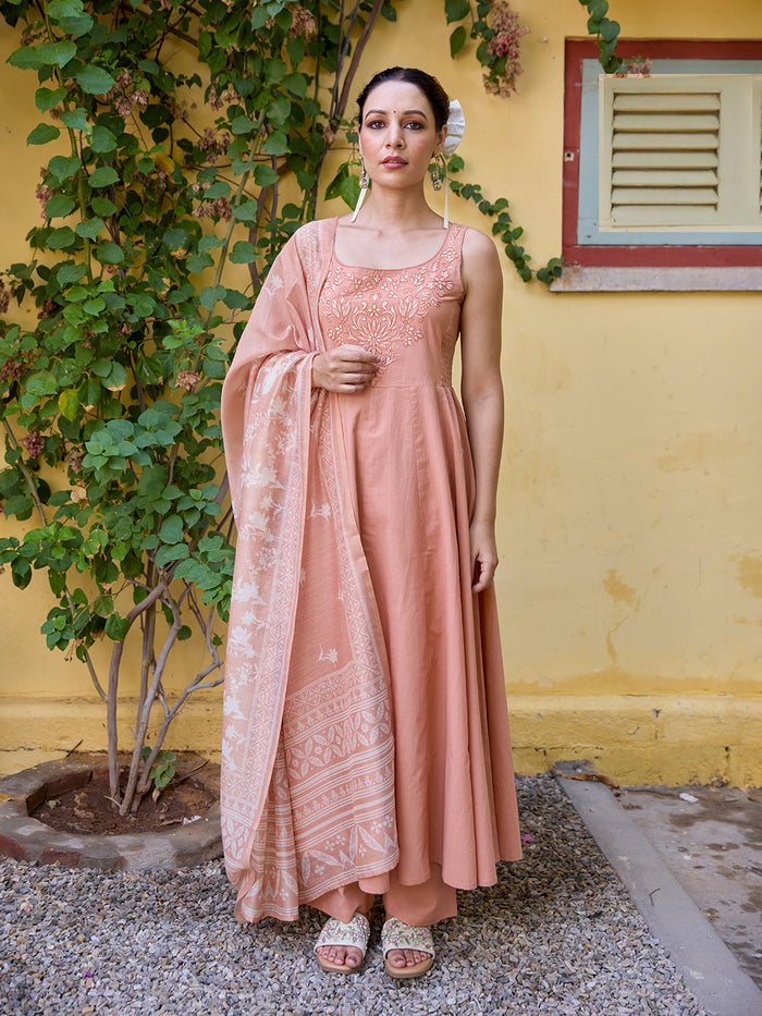 Women's Embroidered Sleeveless Anarkali Set with Dupatta