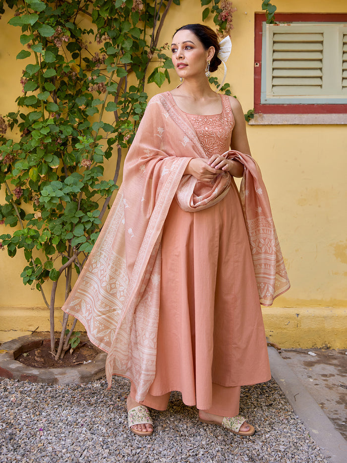 Women's Embroidered Sleeveless Anarkali Set with Dupatta