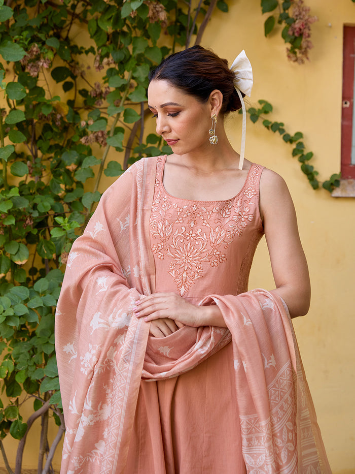 Women's Embroidered Sleeveless Anarkali Set with Dupatta