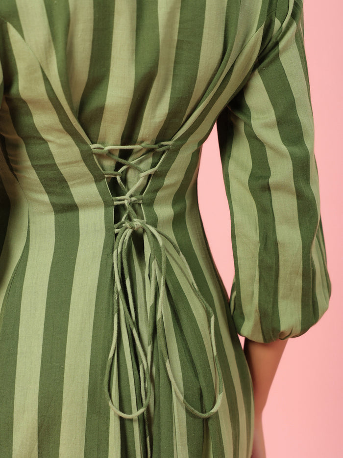 Women's Green Striped Corset Back Midi Dress