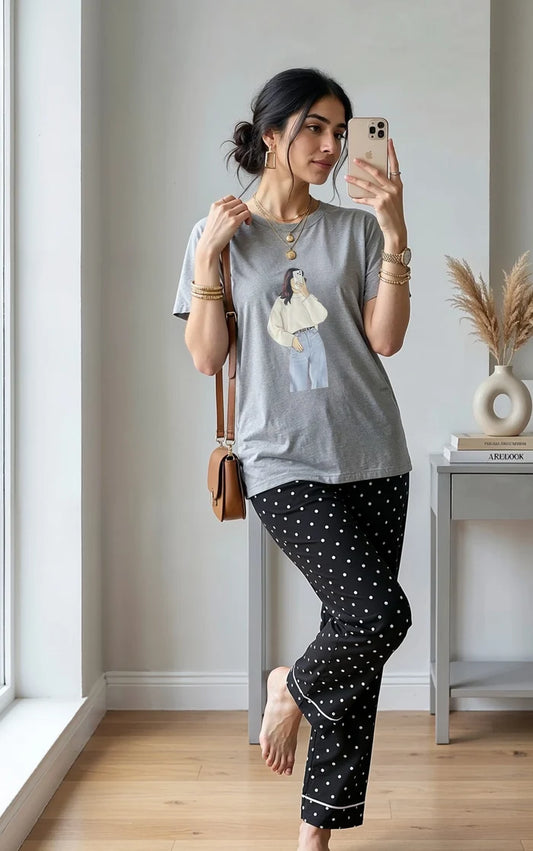 Women’s Grey Printed T-Shirt & Black Polka Dot Trouser Set - Hinz Clothing