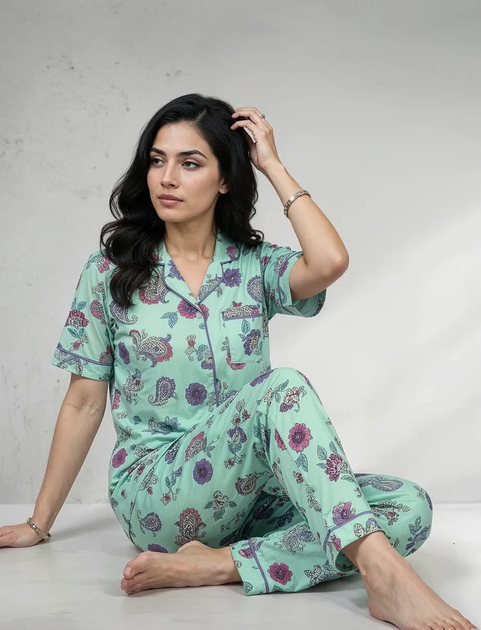 Women’s Mint Green Floral Night Suit /Loungewear Set