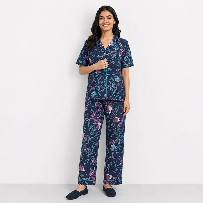 Women's Navy Blue Floral Jersey Cotton Button-Down Night Suit