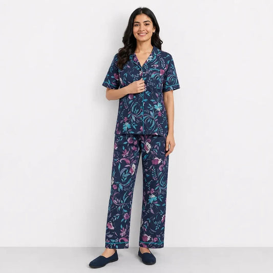 Women's Navy Blue Floral Jersey Cotton Button-Down Night Suit